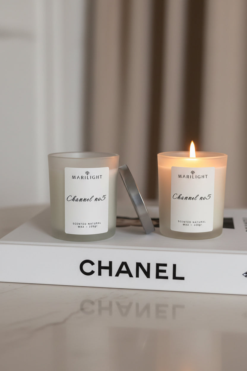 Αρωματικό Φυτικό Κερί Chanel no5 σε Γυάλινο Βαζάκι με Ασημί Καπάκι