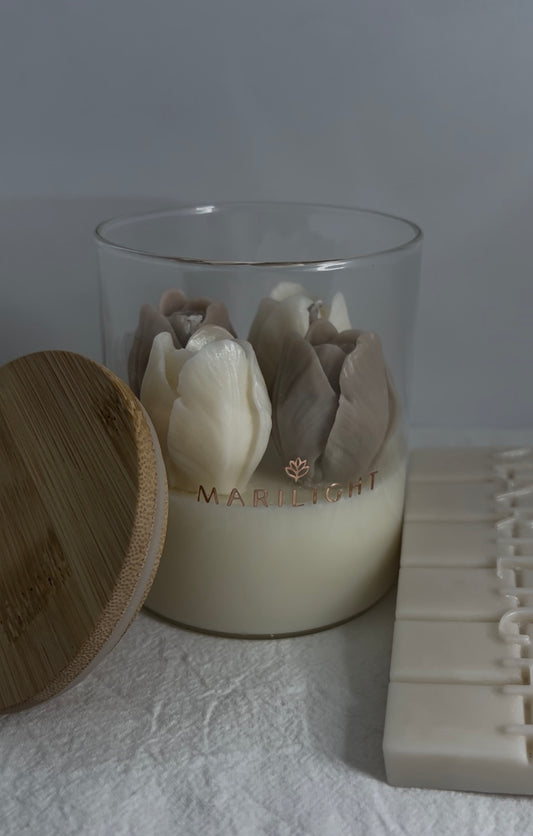 Αρωματικό Φυτικό Κερί με Τουλίπες και Ξύλινο Καπάκι