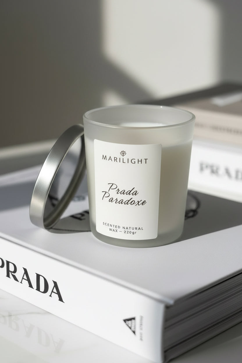 Αρωματικό Φυτικό Κερί Prada σε Γυάλινο Ποτήρι με Ασήμι Καπάκι