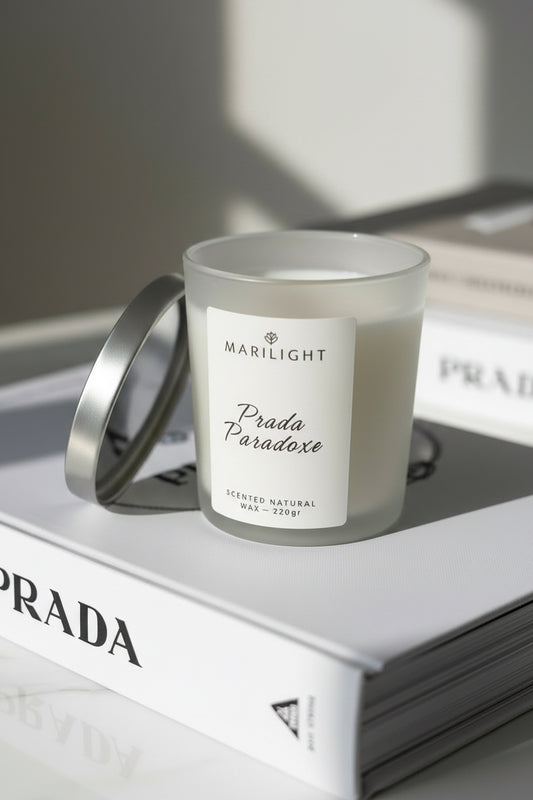 Αρωματικό Φυτικό Κερί Prada σε Γυάλινο Ποτήρι με Ασήμι Καπάκι